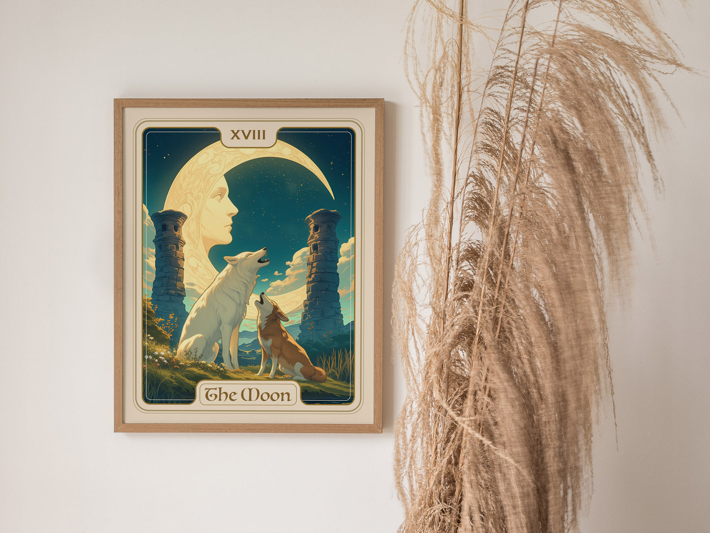 A framed poster of The Moon tarot card shows a crescent moon, two howling wolves, and ancient pillars. Decorative grasses are visible beside the artwork.