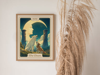 A framed poster of The Moon tarot card shows a crescent moon, two howling wolves, and ancient pillars. Decorative grasses are visible beside the artwork.