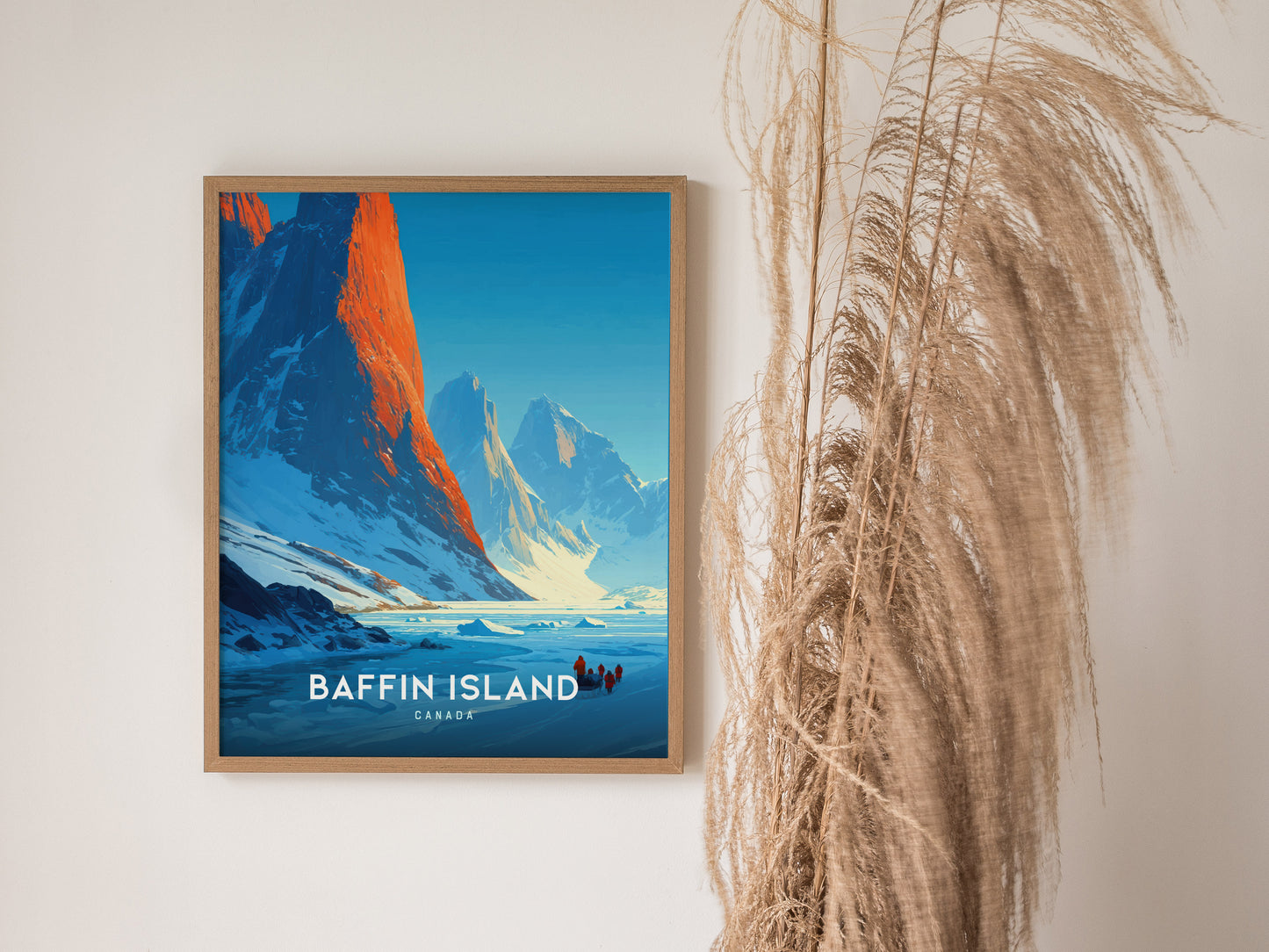 Dramatic Baffin Island sunrise art print featuring rugged mountains, explorers, and vibrant blues and oranges, perfect travel art decor.