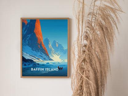 Dramatic Baffin Island sunrise art print featuring rugged mountains, explorers, and vibrant blues and oranges, perfect travel art decor.