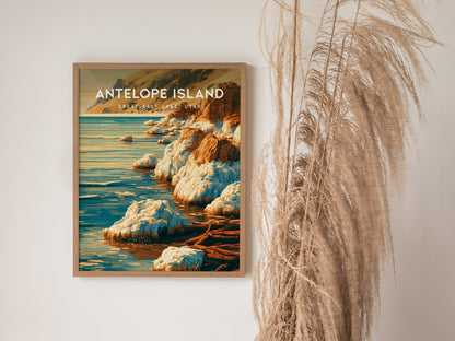 Antelope Island Poster | Great Salt Lake, Utah Framed or Unframed Travel Gift Wall Art — styled in a modern interior