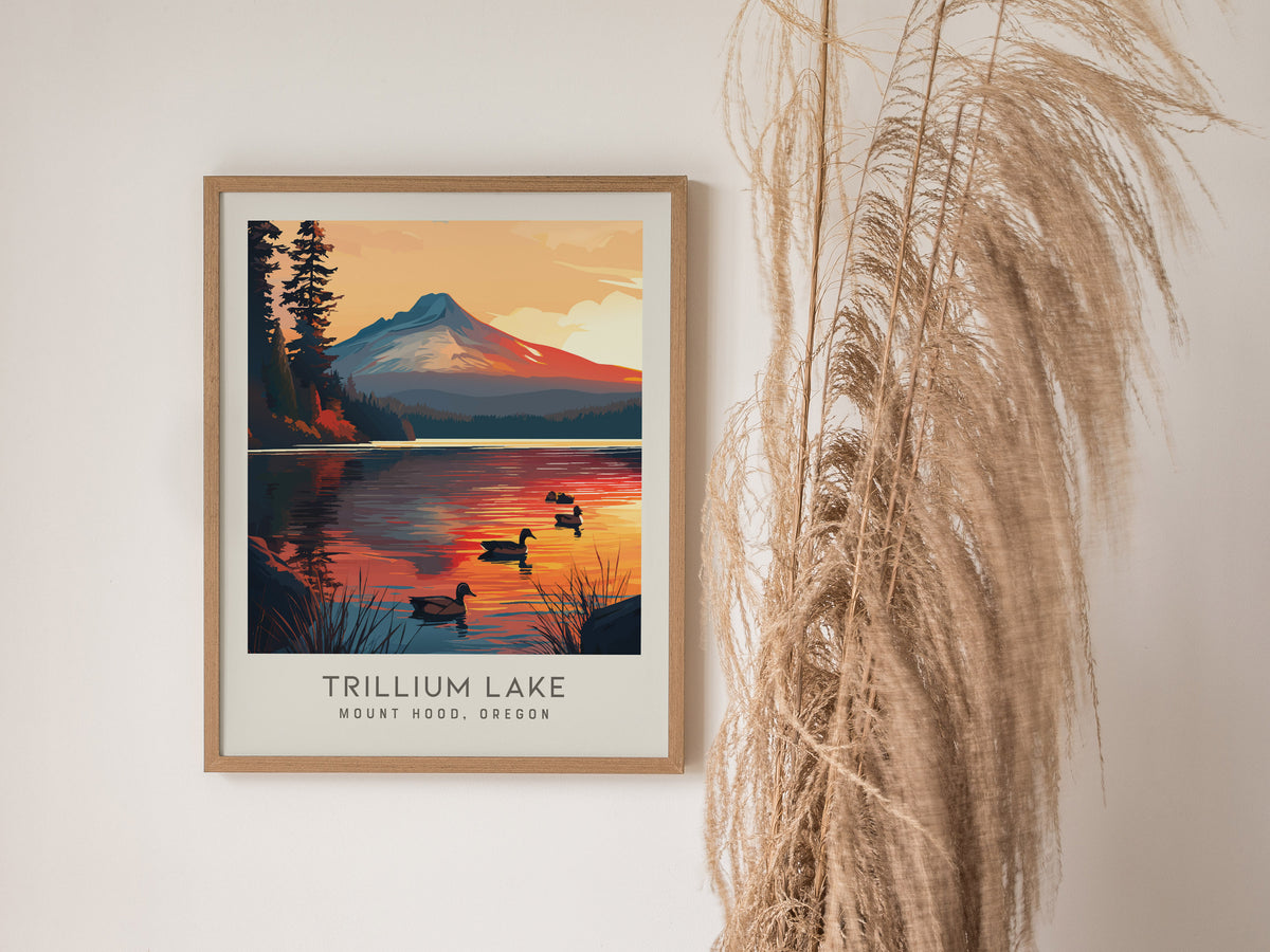 Trillium Lake Matte Border Poster | Mount Hood, Oregon Travel Wall Art — styled in a modern interior