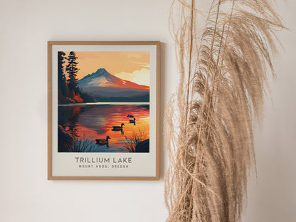 Trillium Lake Matte Border Poster | Mount Hood, Oregon Travel Wall Art — styled in a modern interior