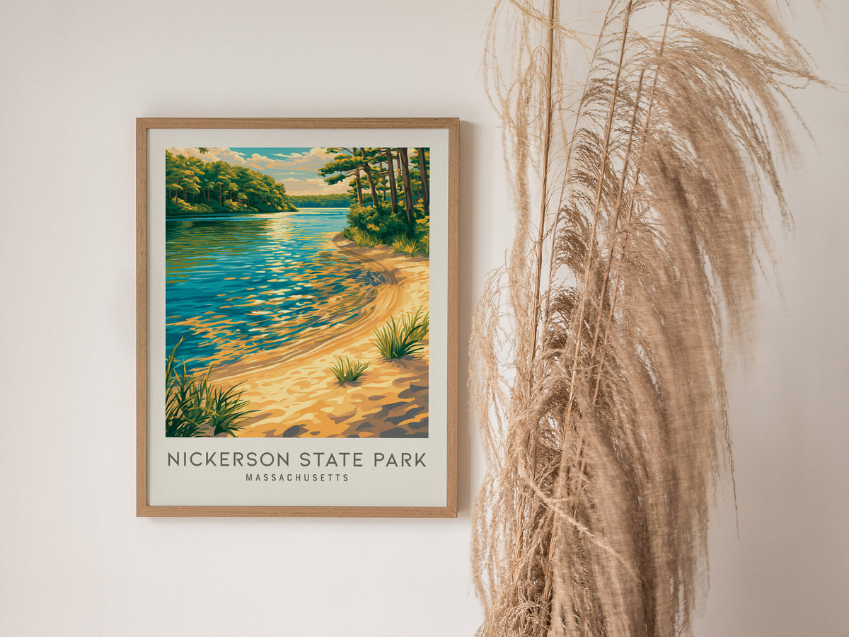 Nickerson State Park Matte Border Poster | Massachusetts Destination Print Travel Wall Art — styled in a modern interior
