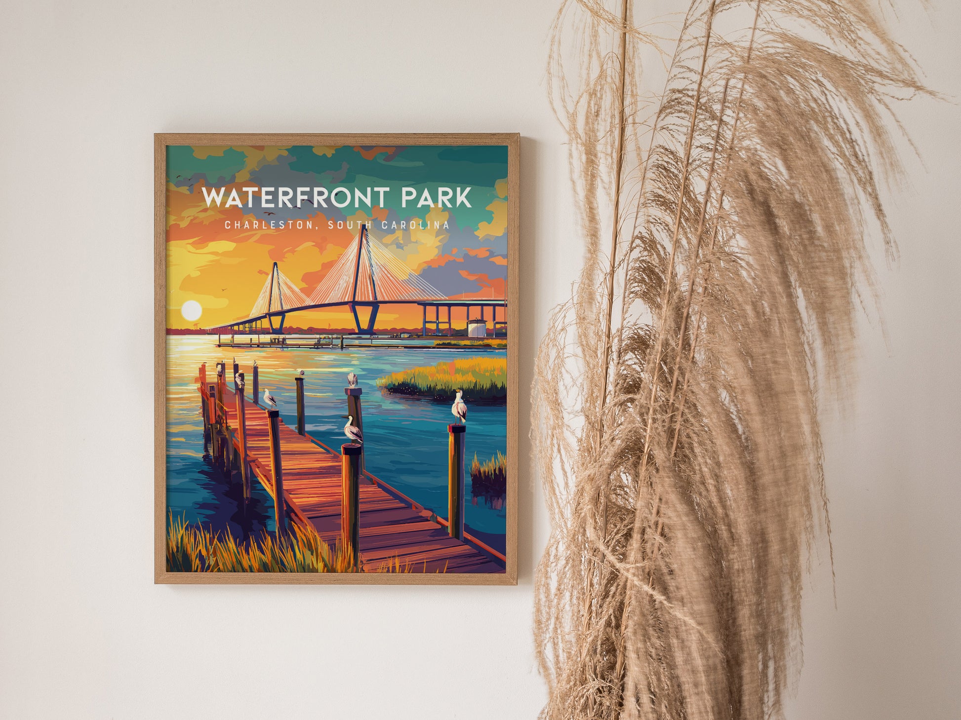 Waterfront Park, Charleston Poster | Southern Harbor Palmetto Charm Wall Art — styled in a modern interior