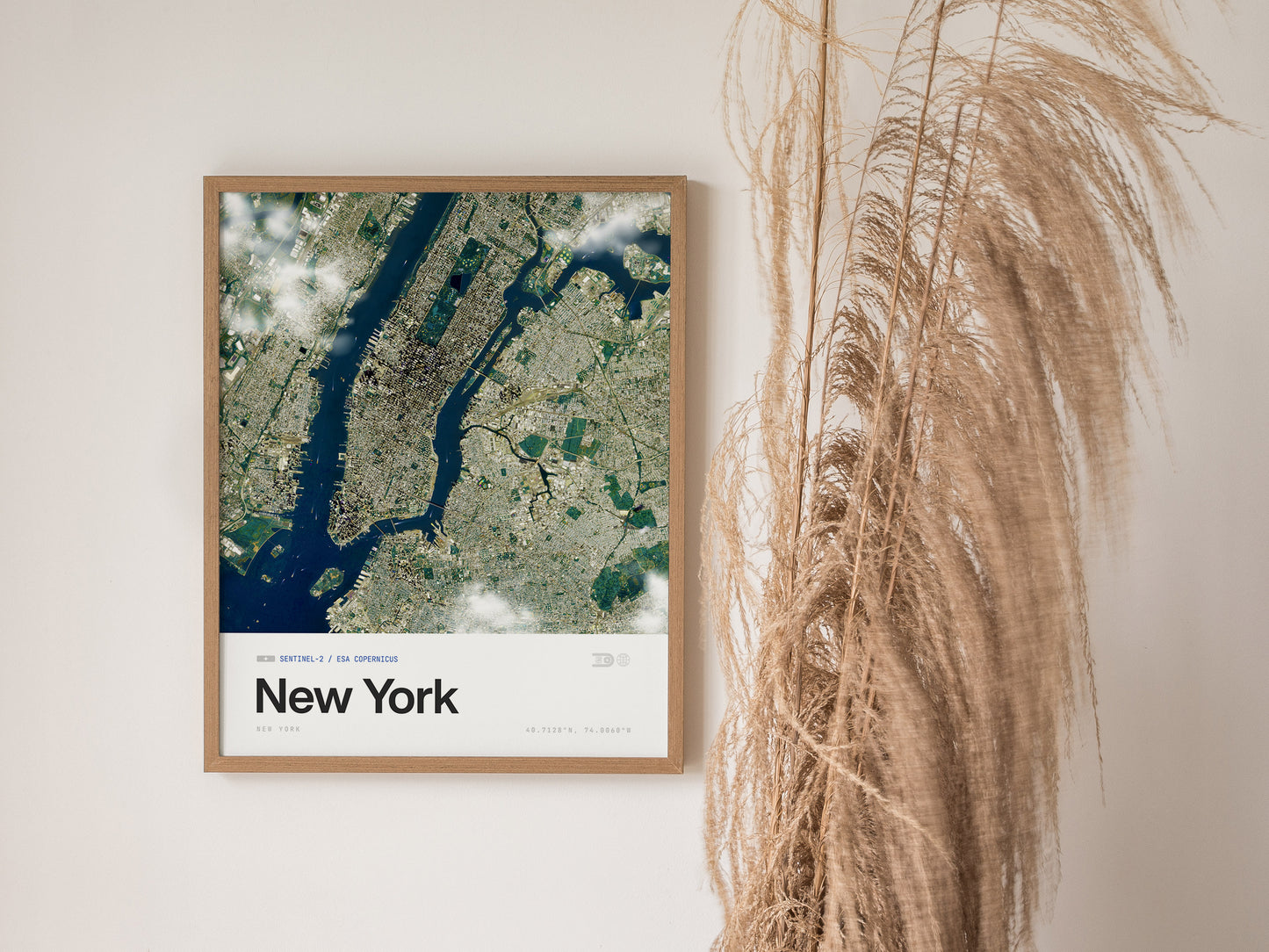 Aerial view of New York City in a minimalist satellite print, showcasing urban layout and rivers, ideal travel art for decor.