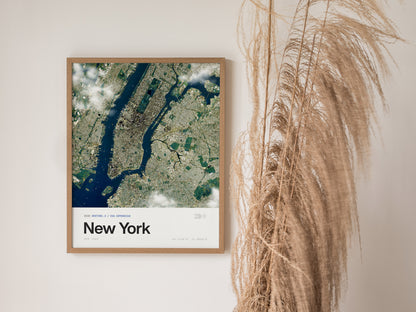 Aerial view of New York City in a minimalist satellite print, showcasing urban layout and rivers, ideal travel art for decor.
