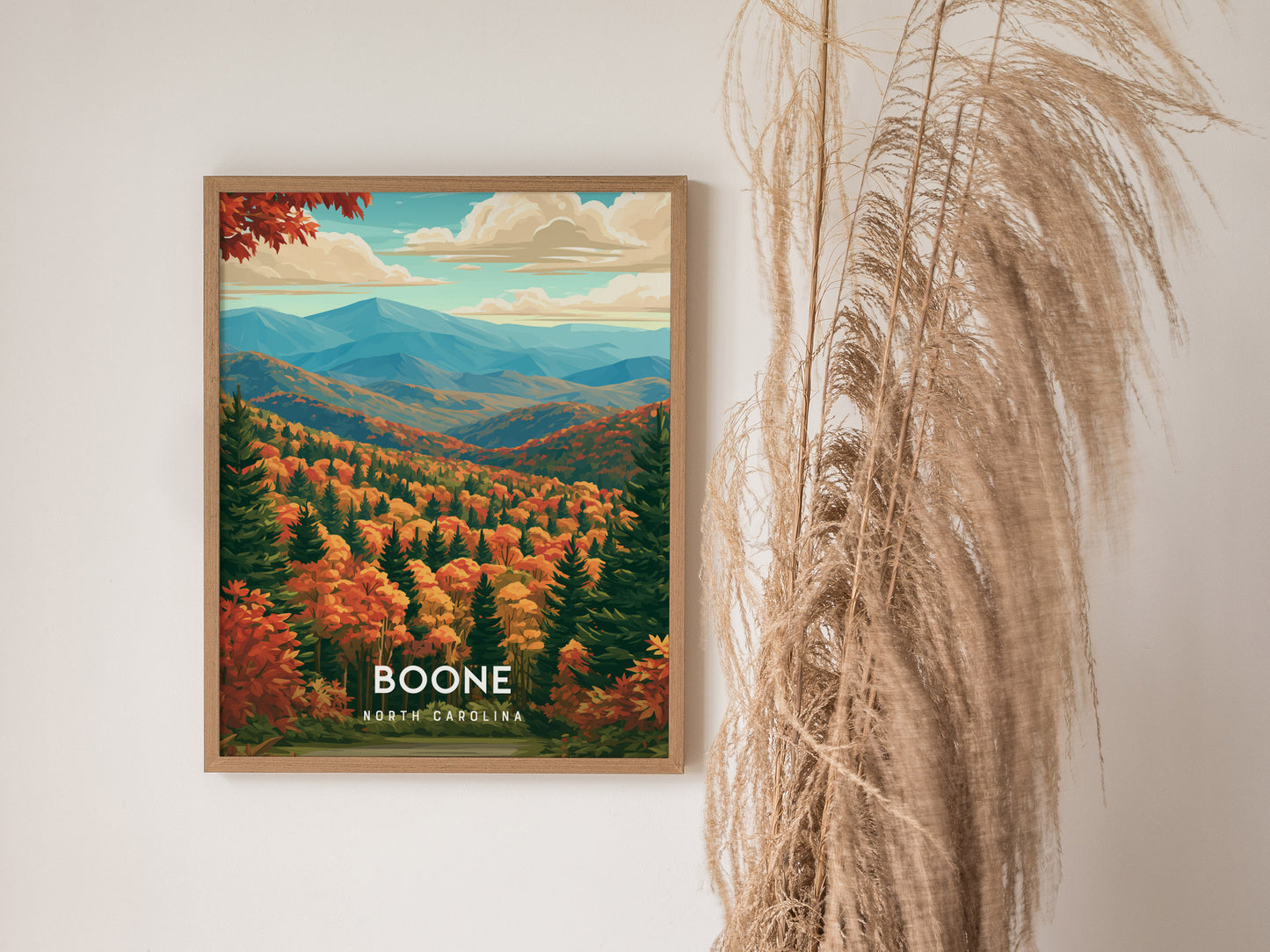 Boone, North Carolina Poster | Blue Ridge Mountain Charm Wall Art — styled in a modern interior