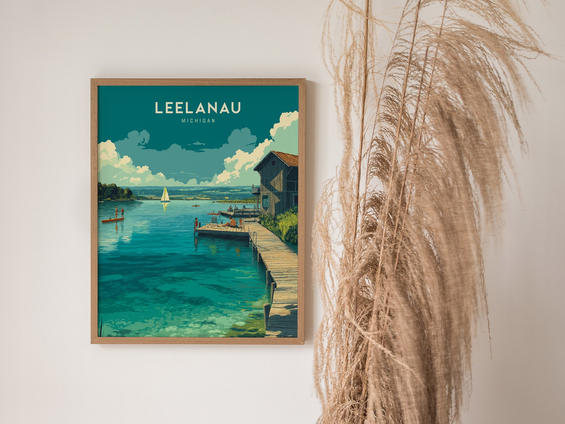Leelanau Michigan Lake Poster | Rustic Dock Sailboat Wall Art