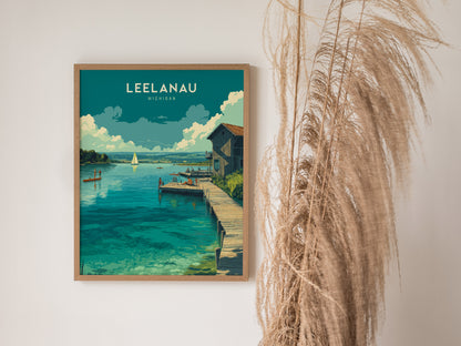Leelanau Michigan Lake Poster | Rustic Dock Sailboat Wall Art