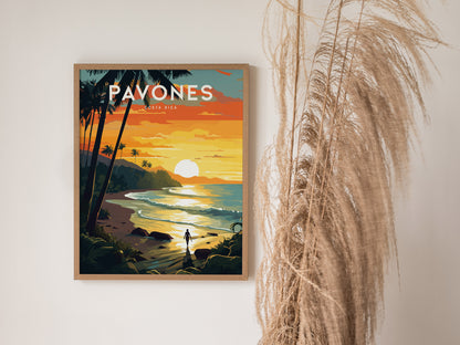 A framed poster of a vibrant sunset over a tropical beach with palm trees is displayed on a wall, accompanied by decorative dried grasses.