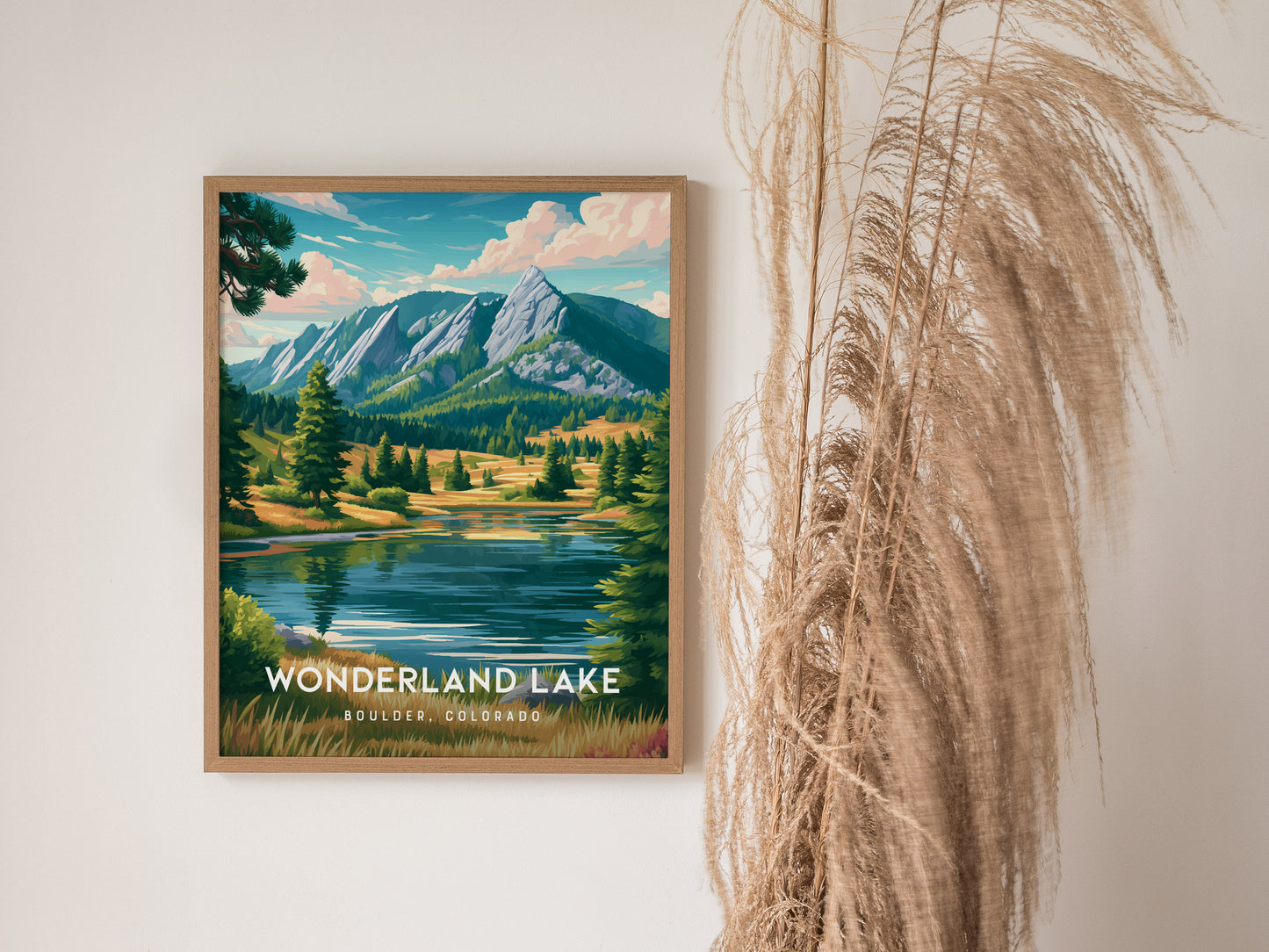 Wonderland Lake, Boulder, Colorado Poster | Mountain Lake Serenity Wall Art — styled in a modern interior