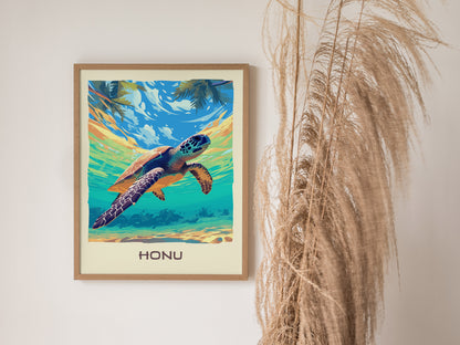 Honu Hawaiian Green Sea Turtle Poster | Hawaii Ocean Wall Art