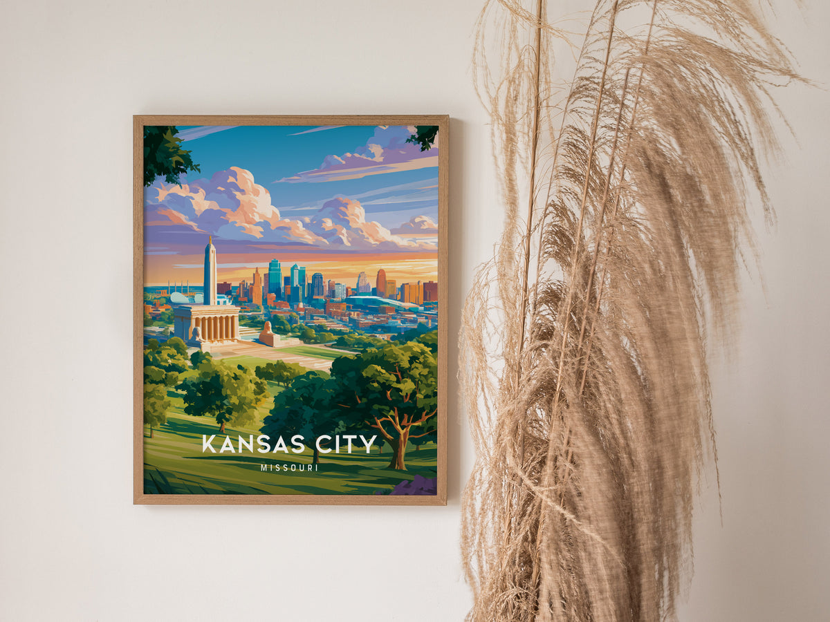 Kansas City, Missouri Poster | BBQ Jazz & Fountains Destination Print Wall Art — styled in a modern interior