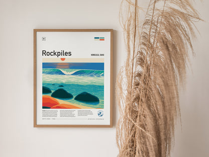 Rockpiles, Hawaii Poster | Golden Hour North Shore Surf Wall Art — styled in a modern interior