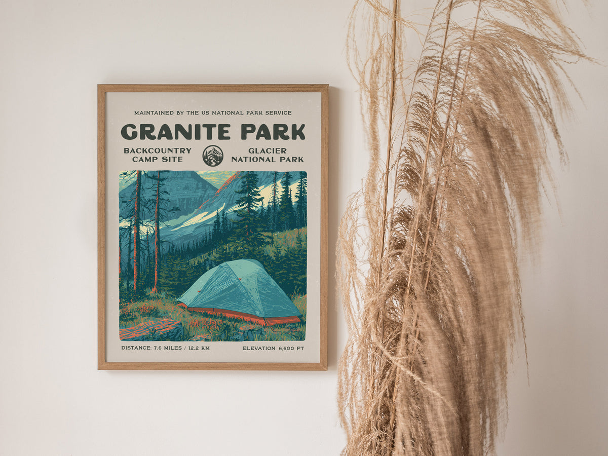 Granite Park, Glacier National Park Poster | Hiker Gift | Backcountry Trail Wall Art — styled in a modern interior
