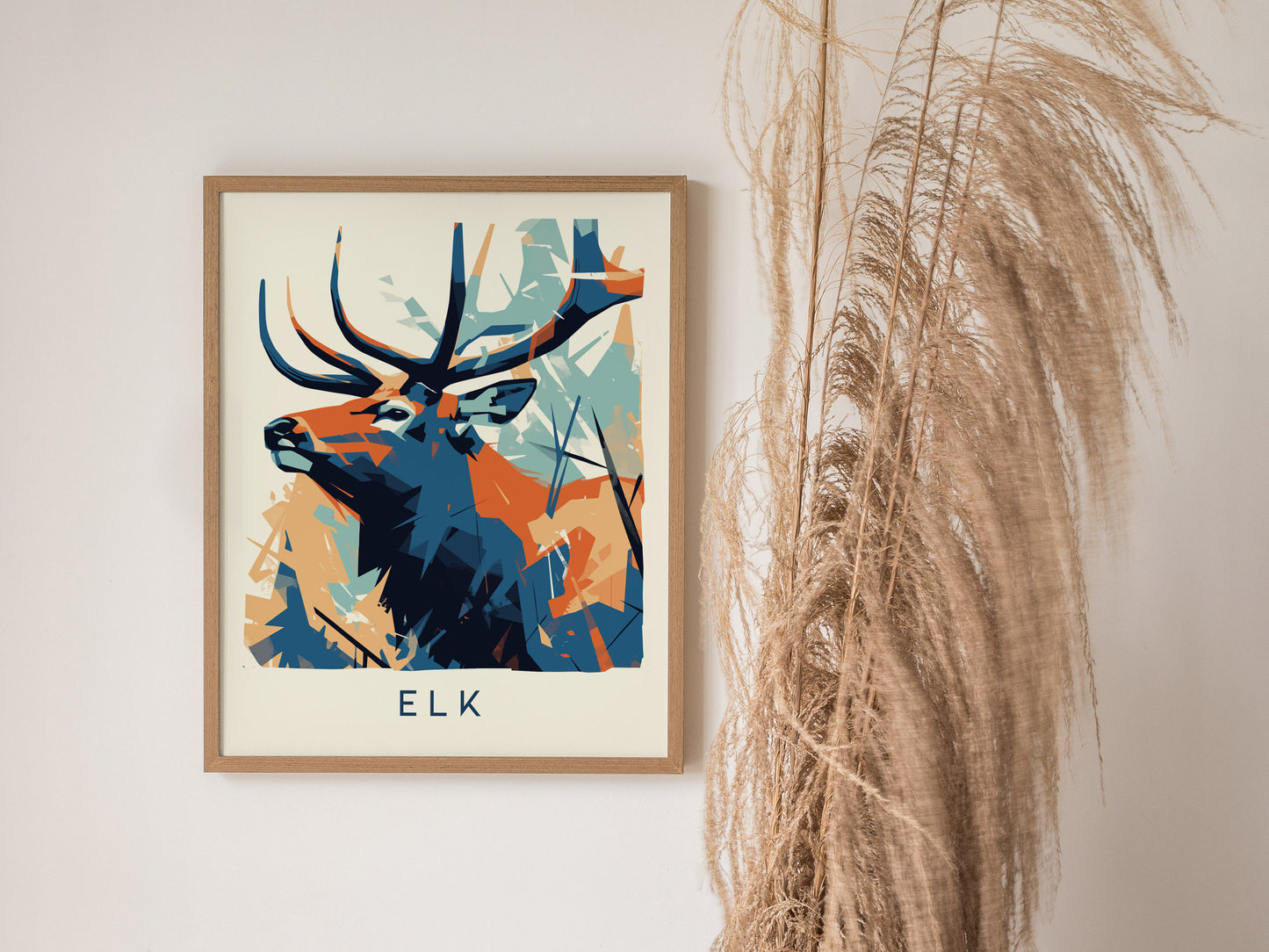 Stylized elk in geometric abstraction, vibrant blue and orange tones, modern wildlife art print by Swell Scenes, perfect for nature lovers.