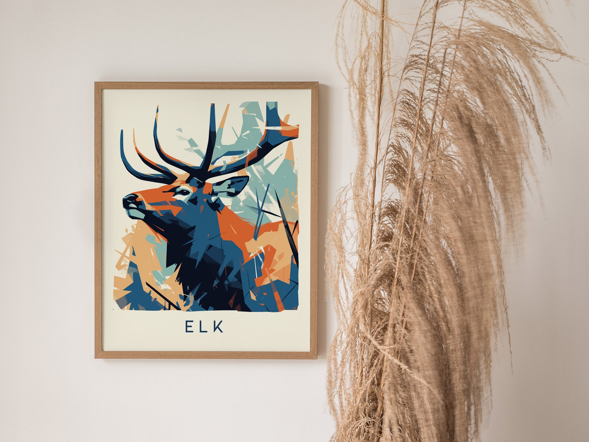 Stylized elk in geometric abstraction, vibrant blue and orange tones, modern wildlife art print by Swell Scenes, perfect for nature lovers.