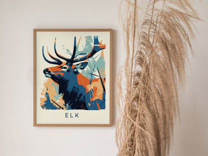 Stylized elk in geometric abstraction, vibrant blue and orange tones, modern wildlife art print by Swell Scenes, perfect for nature lovers.