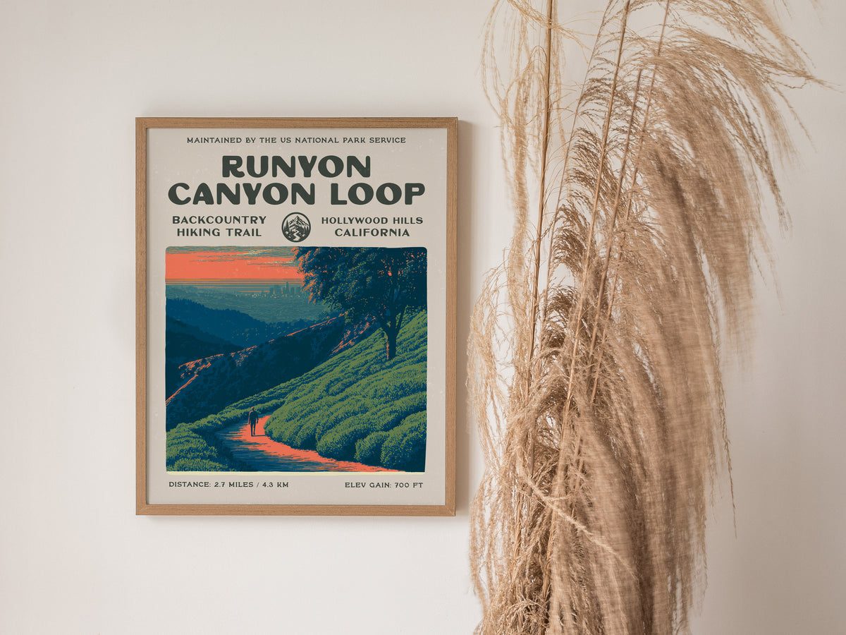 Runyon Canyon Loop, Hollywood Hills, California Poster | Hiker Gift | Bold Backcountry Block Print Wall Art — styled in a mod