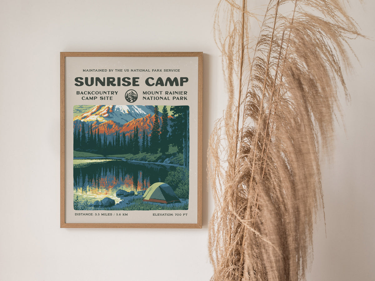 Sunrise Camp, Mount Rainier National Park Poster | Hiker Gift | Backcountry Trail Wall Art — styled in a modern interior