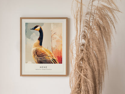 Nene (Hawaiian Goose), Hawaii Poster | Tropical Wildlife & Volcano Island Wall Art — styled in a modern interior