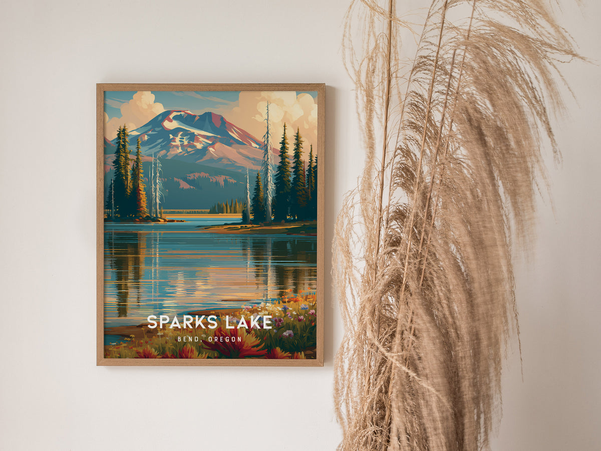 Sparks Lake, Bend, Oregon Poster | Mountain Reflections Vacation Wall Art — styled in a modern interior