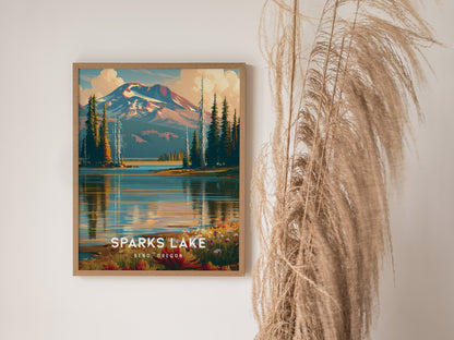 Sparks Lake, Bend, Oregon Poster | Mountain Reflections Vacation Wall Art — styled in a modern interior