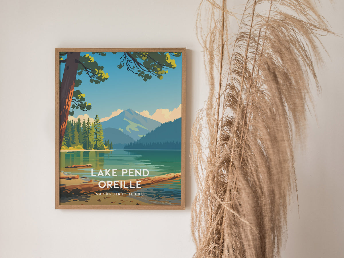 Lake Pend Oreille, Sandpoint, Idaho Poster | Mountain Lake Vacation Wall Art — styled in a modern interior