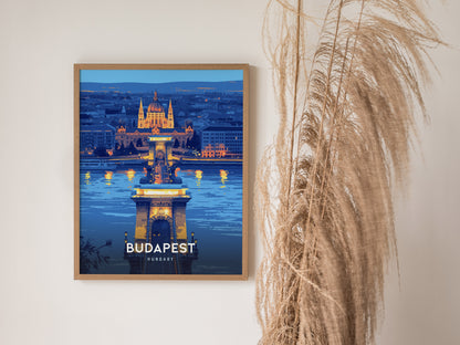 Budapest Chain Bridge Poster | Hungary Travel Print Wall Art | Framed or Unframed