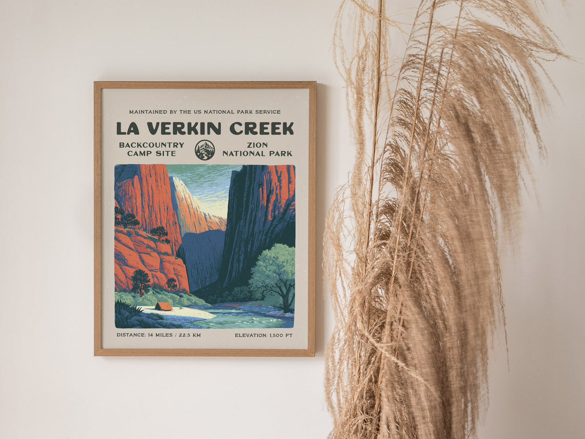 La Verkin Creek, Zion National Park Poster | Hiker Gift | Backcountry Trail Wall Art — styled in a modern interior