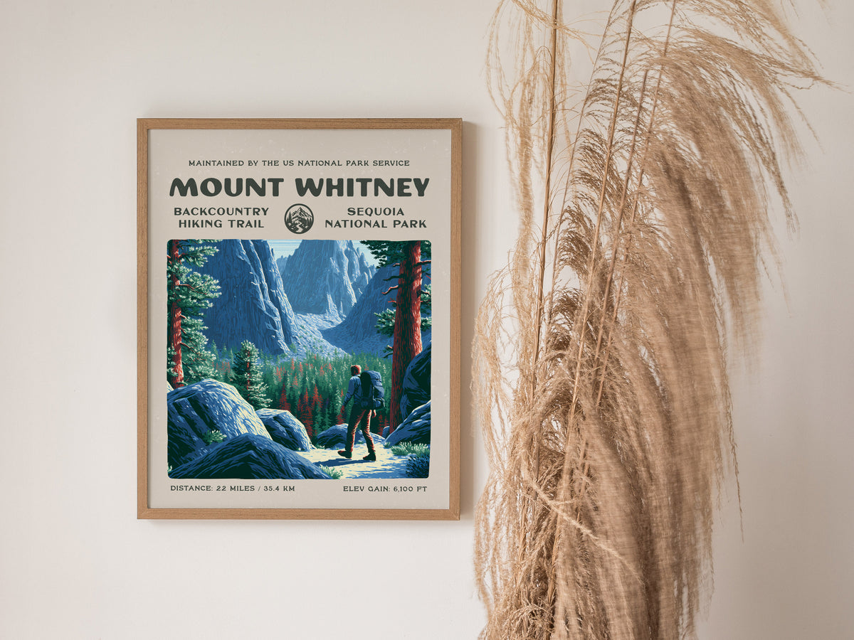 Mount Whitney, Sequoia National Park Poster | Hiker Gift | Backcountry Trail Wall Art — styled in a modern interior