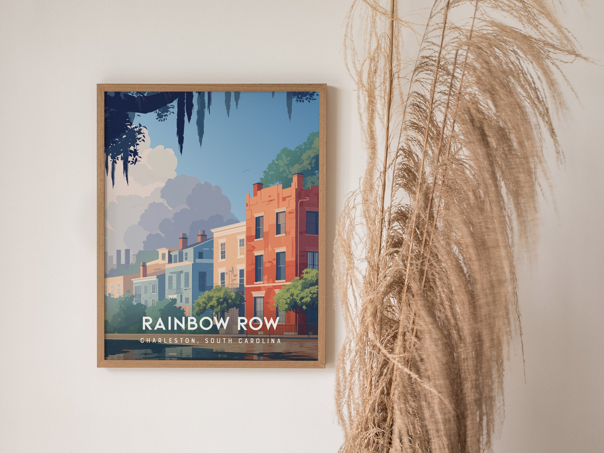 Rainbow Row, Charleston Poster | Colorful Historic Homes Coastal Wall Art — styled in a modern interior