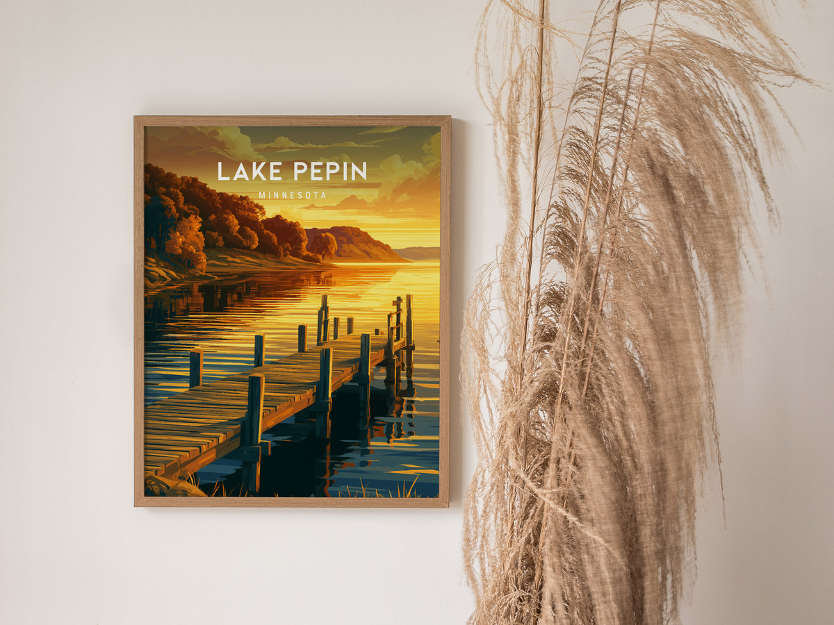 Lake Pepin, Minnesota Poster | Bluffs & Blue Water Travel Wall Art — styled in a modern interior