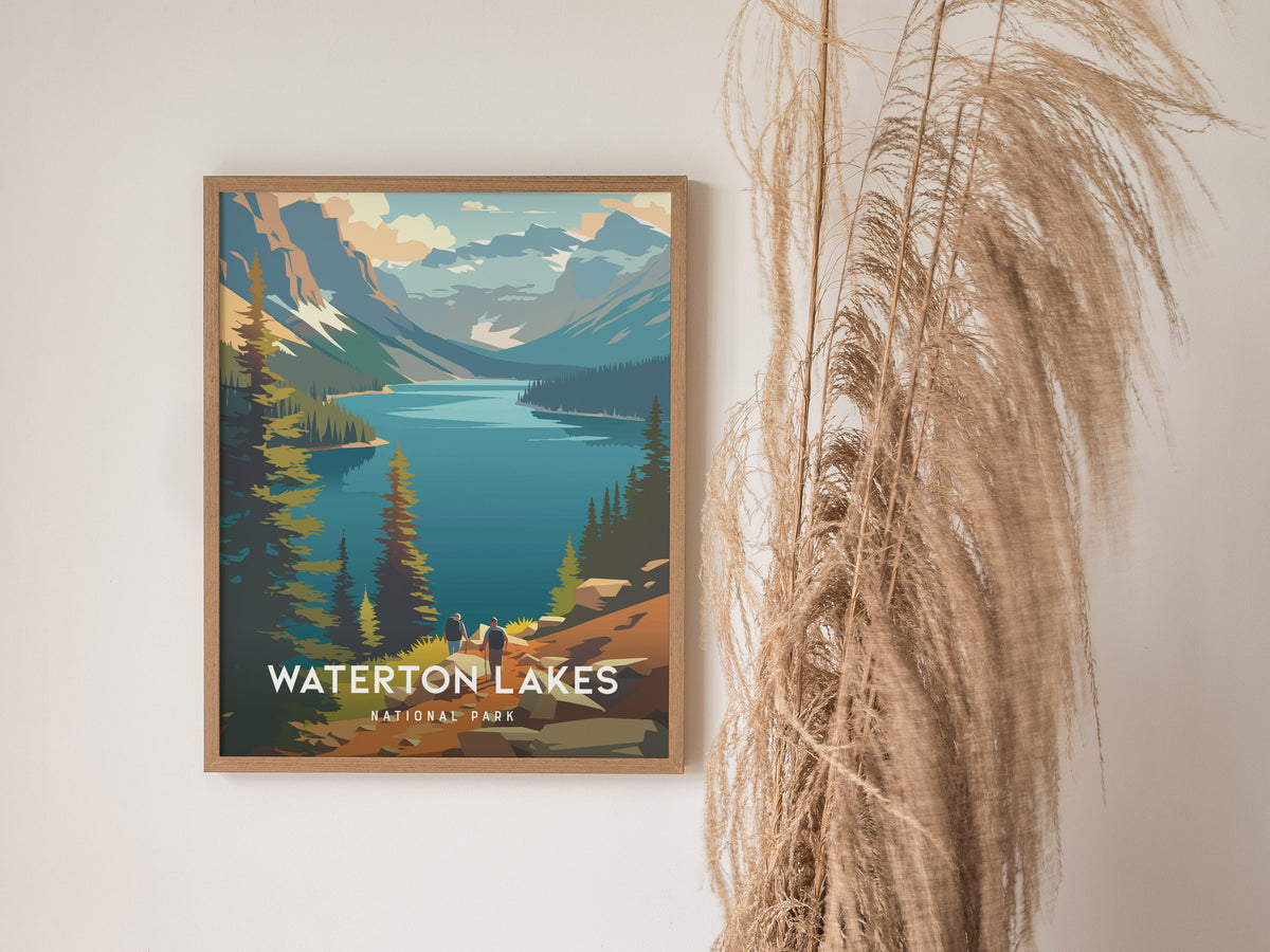 Waterton Lakes, National Park Canada Poster | Mountain Lake Destination Print Wall Art — styled in a modern interior