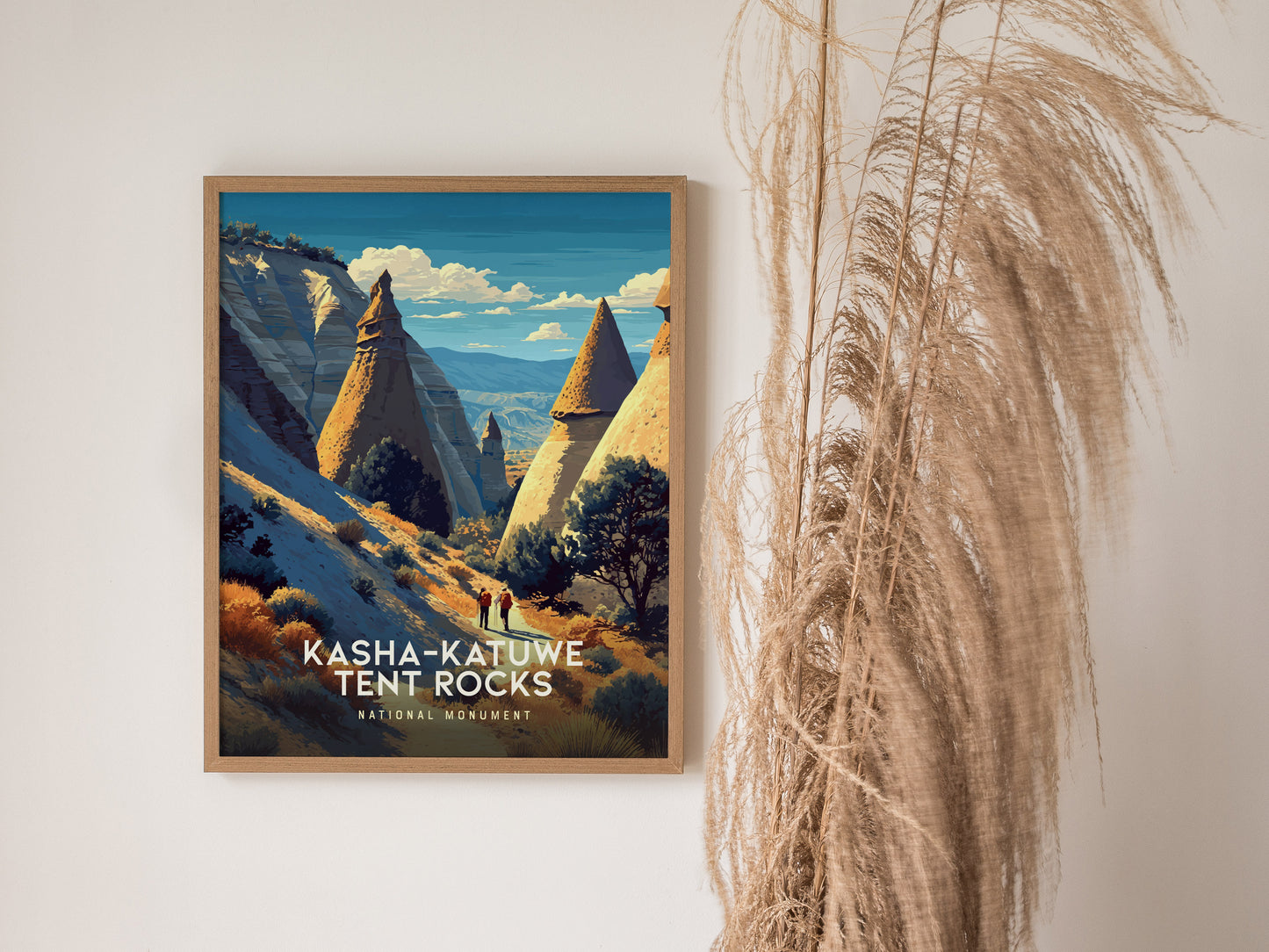 Framed vintage travel art print of Kasha-Katuwe Tent Rocks, featuring iconic cone-shaped hoodoos under a bright blue sky.