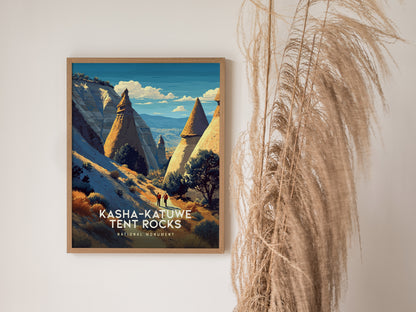 Framed vintage travel art print of Kasha-Katuwe Tent Rocks, featuring iconic cone-shaped hoodoos under a bright blue sky.