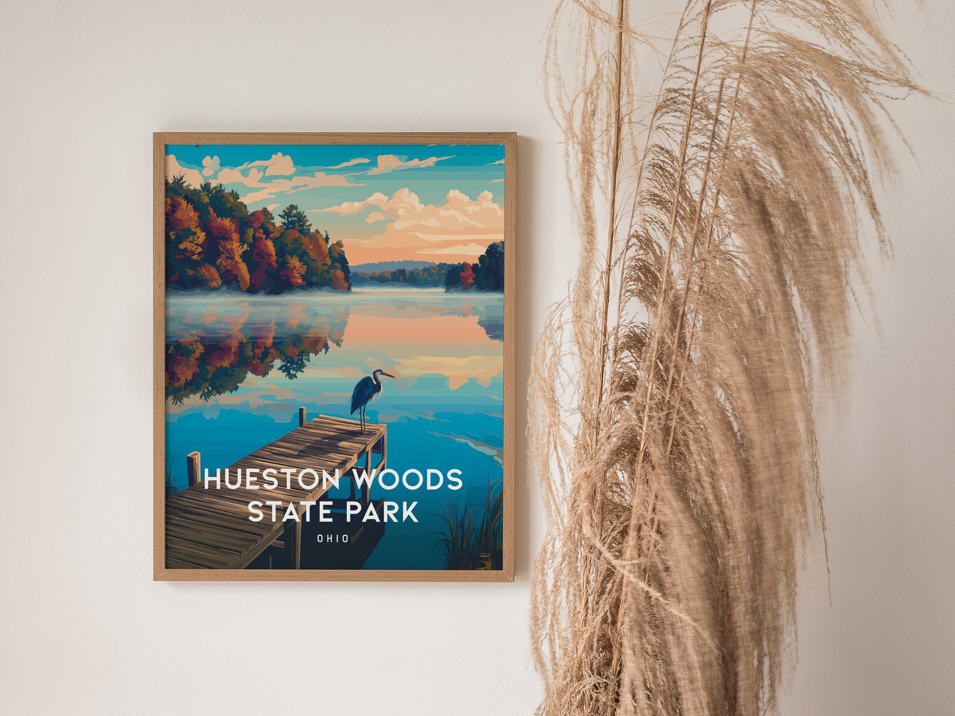 Hueston Woods State Park, Ohio Poster | Forest Lake Wilderness Retreat Wall Art — styled in a modern interior