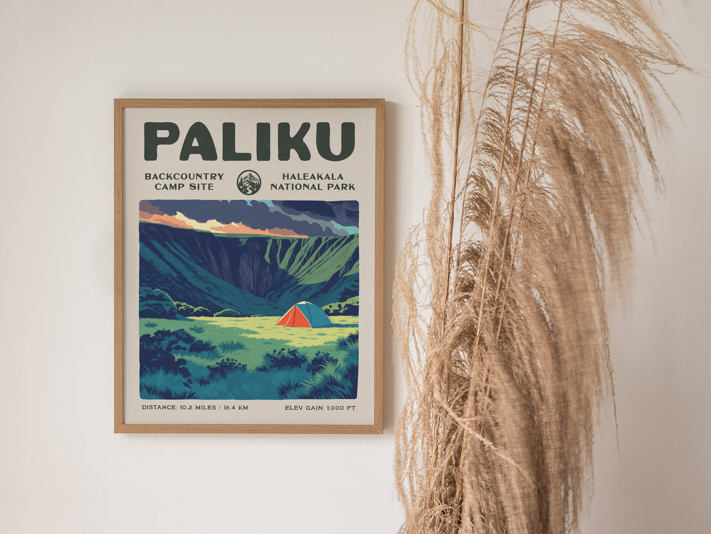 Paliku, Haleakala National Park Poster | Backpacker Gift | Misty Crater Wilderness Wall Art — styled in a modern interior
