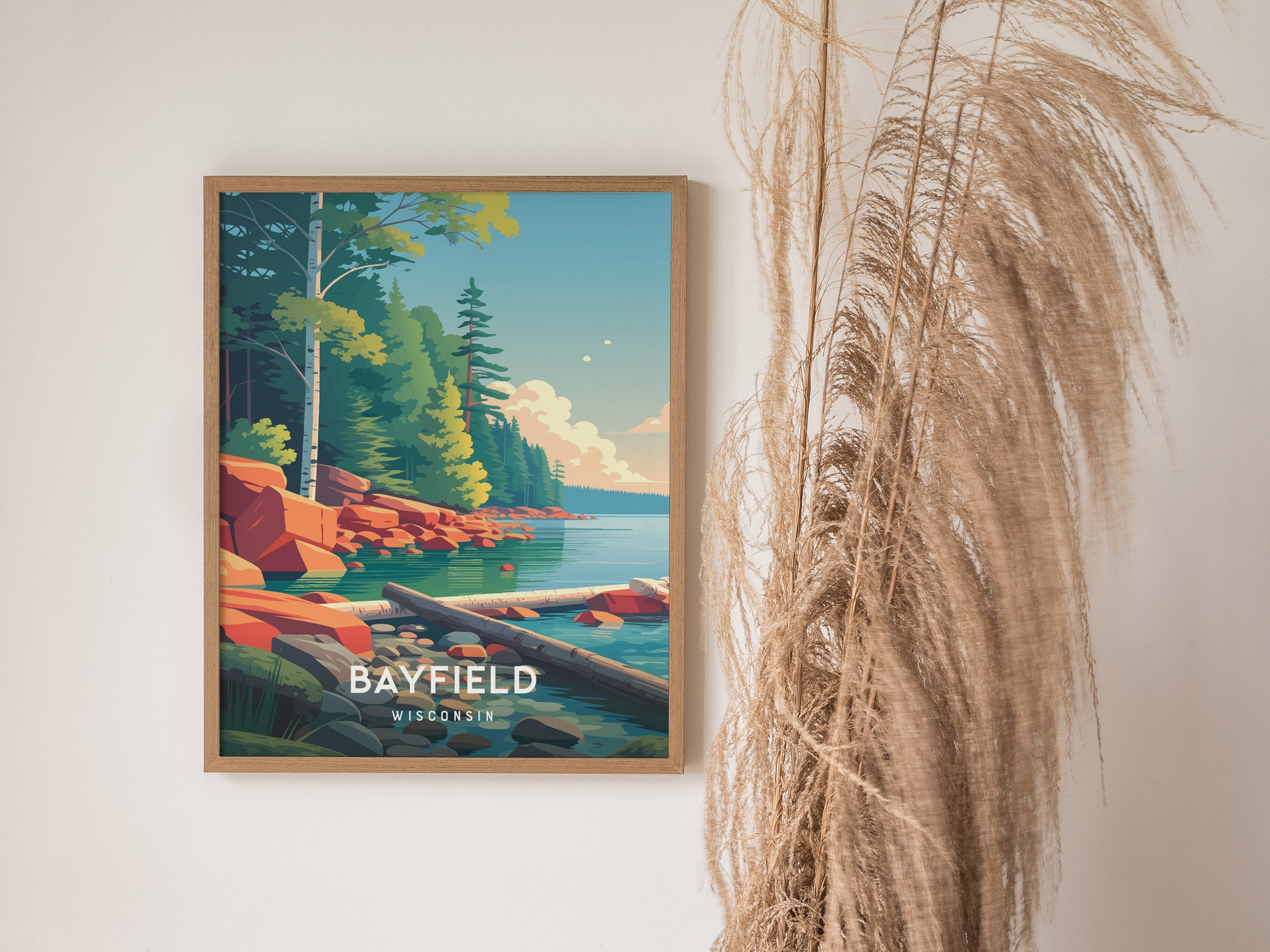 Bayfield, Wisconsin Poster | Lakeside Harbor & Sailboat Travel Wall Art — styled in a modern interior