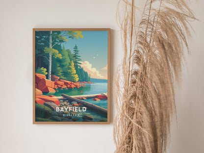 Bayfield, Wisconsin Poster | Lakeside Harbor & Sailboat Travel Wall Art — styled in a modern interior