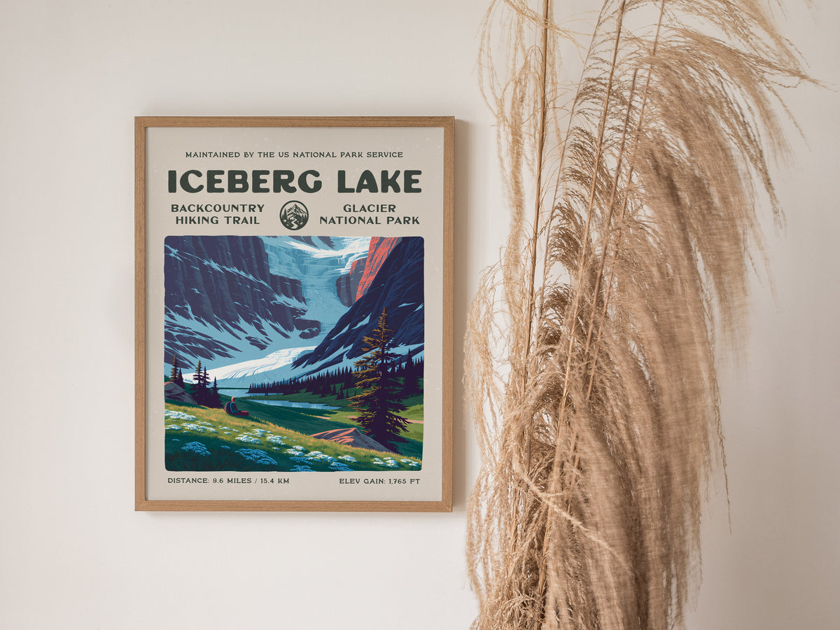 Iceberg Lake, Glacier National Park Poster | Hiker Gift | Backcountry Trail Wall Art — styled in a modern interior