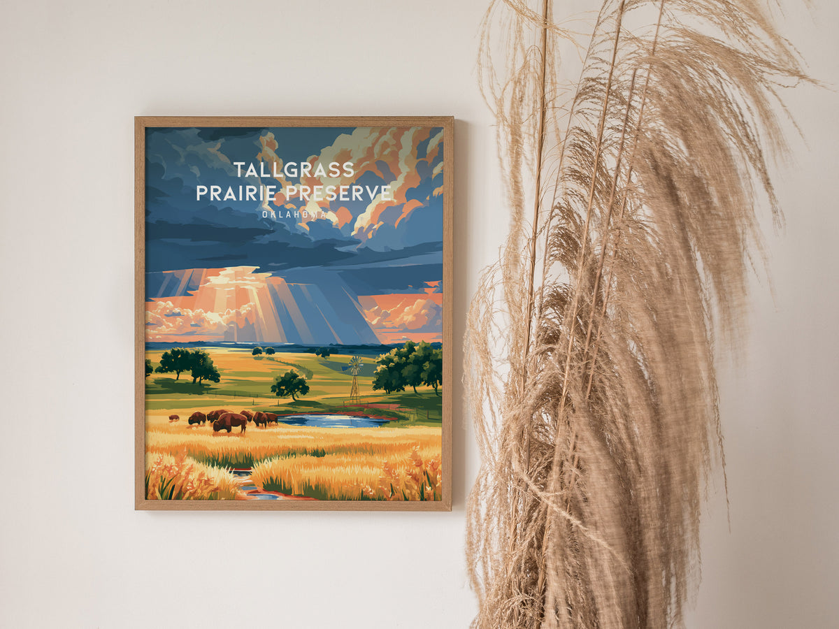 Tallgrass Prairie Preserve, Oklahoma Poster | Golden Plains & Bison Framed or Unframed Wall Art — styled in a modern interior