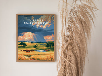 Tallgrass Prairie Preserve, Oklahoma Poster | Golden Plains & Bison Framed or Unframed Wall Art — styled in a modern interior