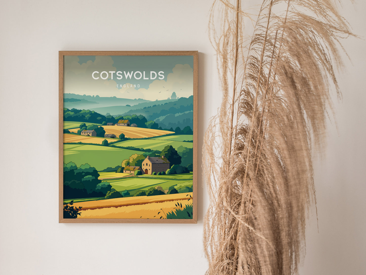 Cotswolds, England Poster | Rolling Hills & Stone Village Wall Art — styled in a modern interior