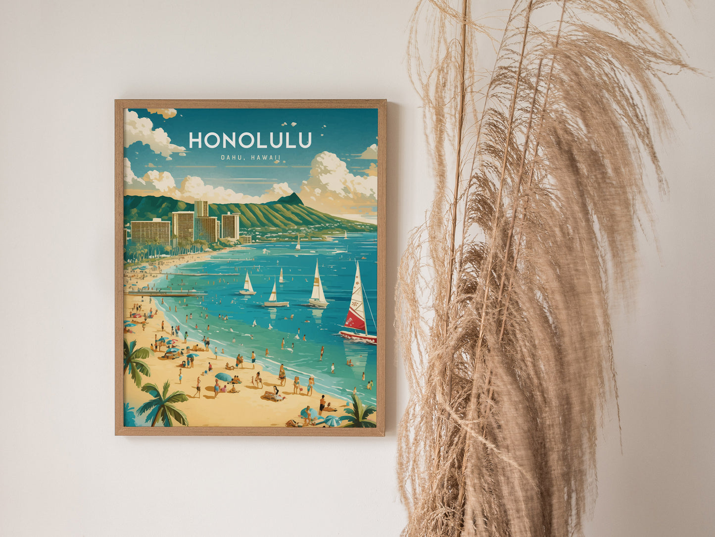 Honolulu Waikiki Poster | Diamond Head Oahu Skyline Wall Art
