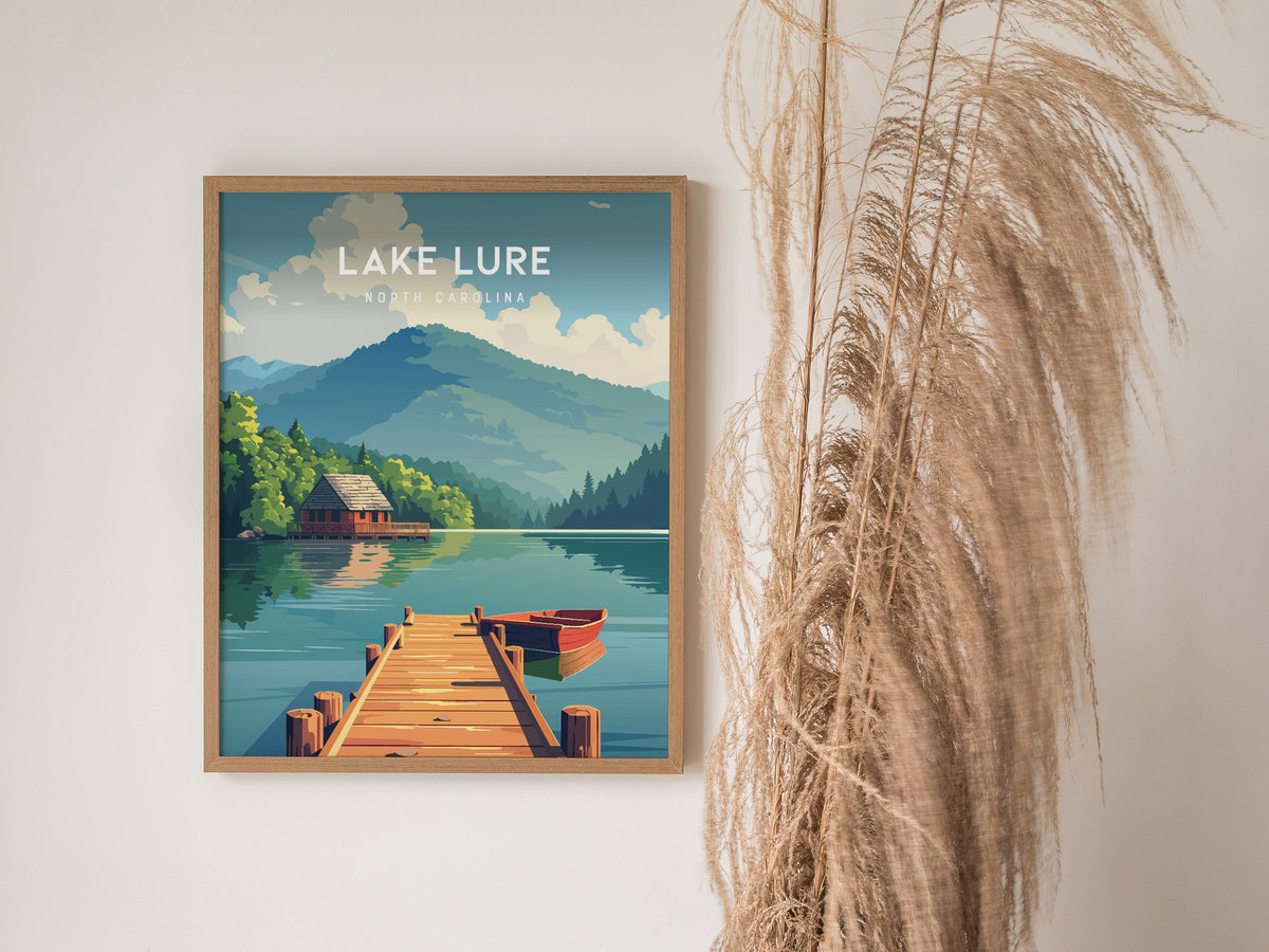 Lake Lure, North Carolina Poster | Mountain Lake Destination Print Wall Art — styled in a modern interior