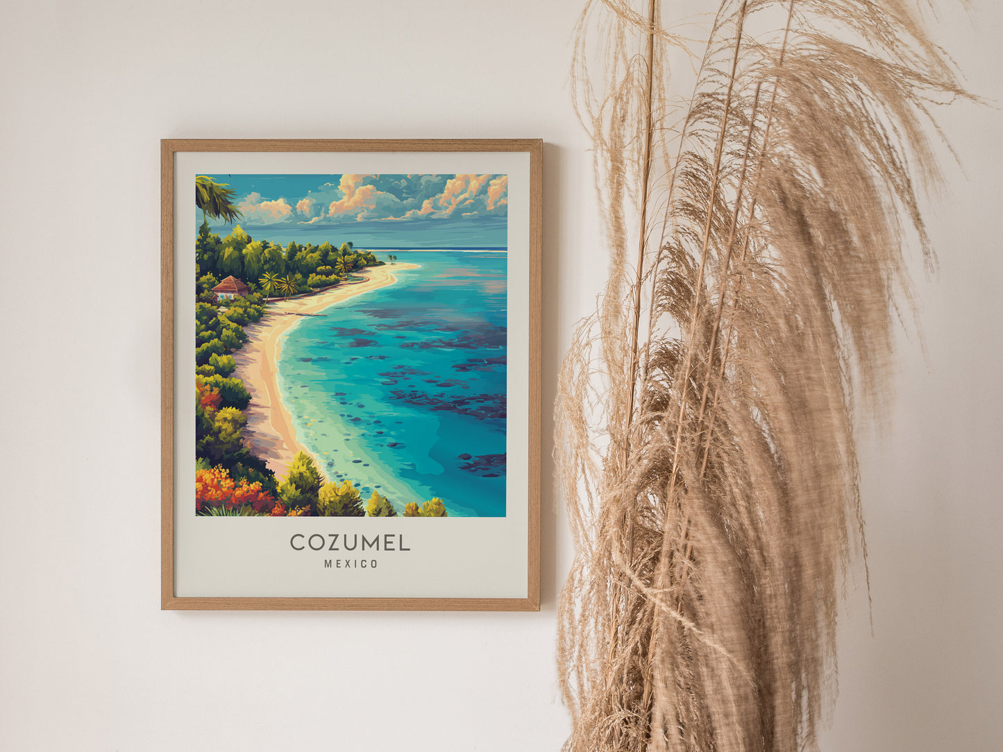 Cozumel Matte Border Poster | Mexico Coastal Beach Decor Vacation Wall Art — styled in a modern interior
