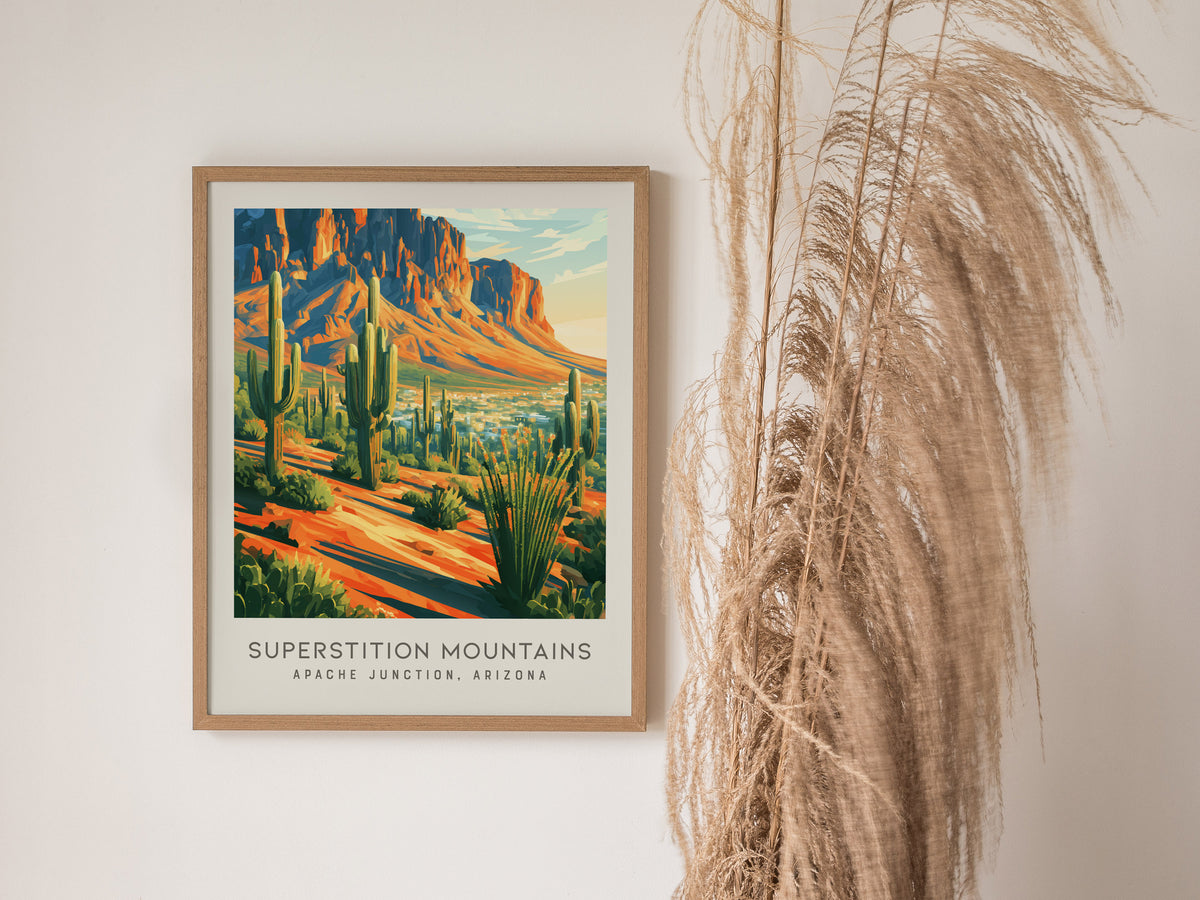 Superstition Mountains Matte Border Poster | Apache Junction, Arizona Travel Wall Art — styled in a modern interior