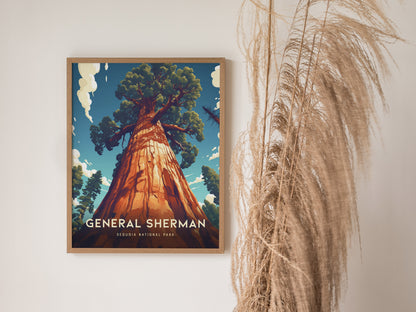 A framed poster of the General Sherman Tree from Sequoia National Park hangs on a wall, with dried pampas grass decoratively placed beside it.